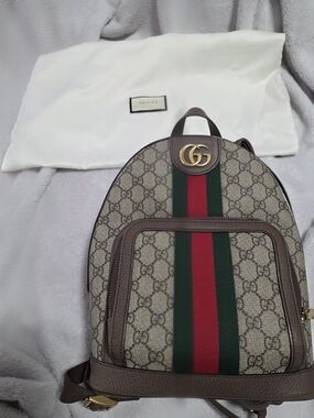 Gucci Beige GG Supreme Canvas Backpack with Green and Red Web Stripe